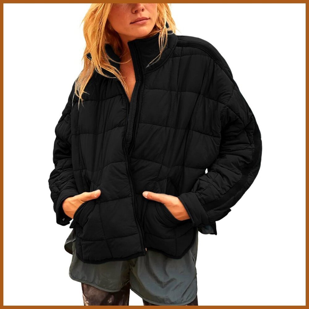 Nylon Quilted Puffer Jacket Lightweight Packable Oversized Coat